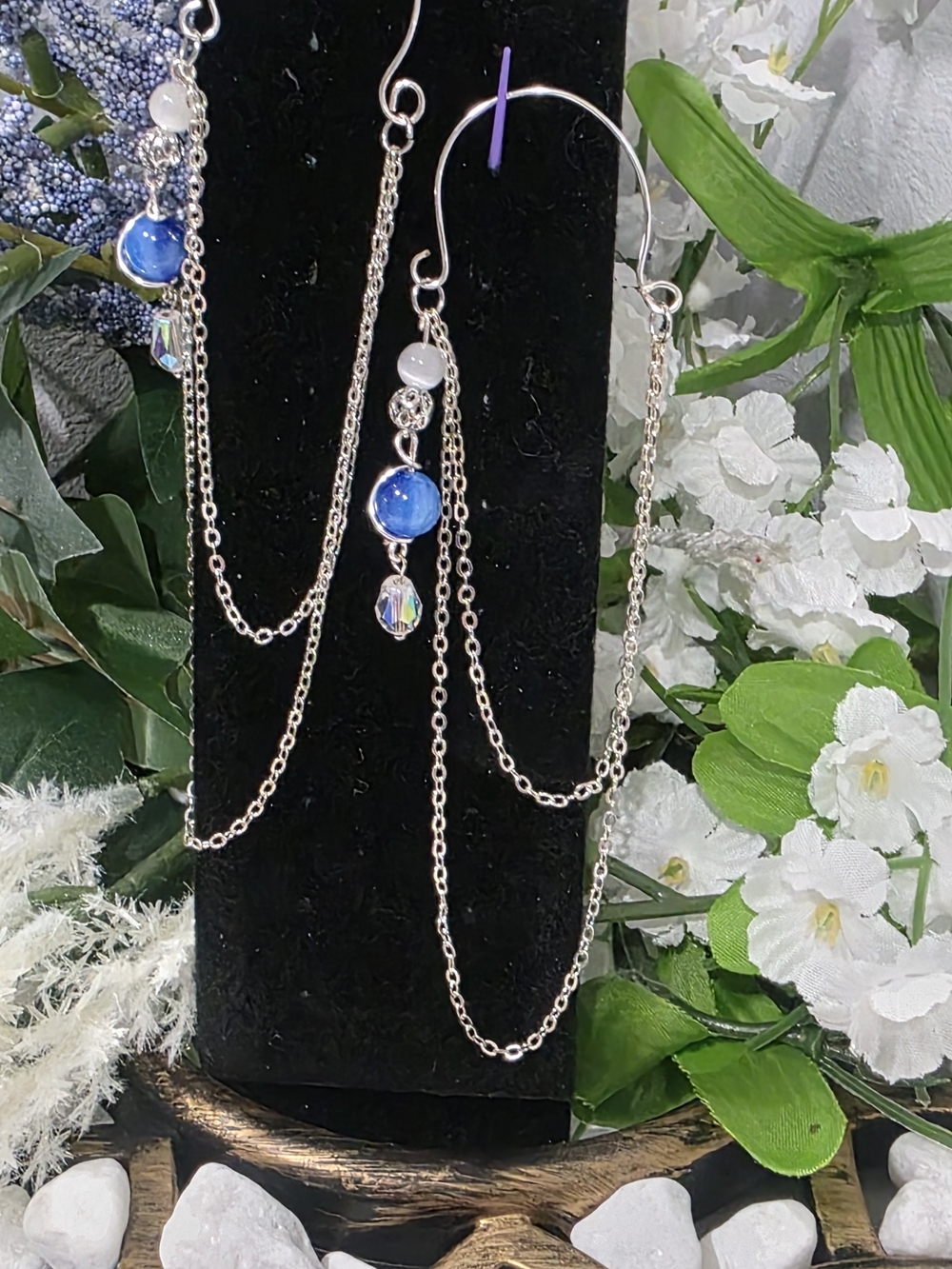 Silver Chain Dangle Ear Cuffs with Blue  Cat-eye Bead